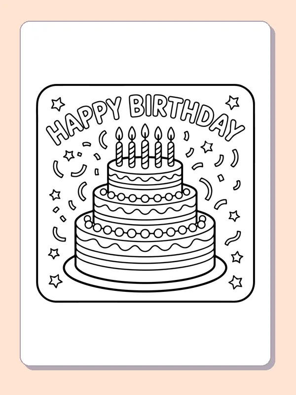 Birthday Cake Under a Happy Birthday Banner printable coloring page showing a three-tier cake stands beneath outlined happy birthday letters, surrounded by confetti and stars in black and white outlines