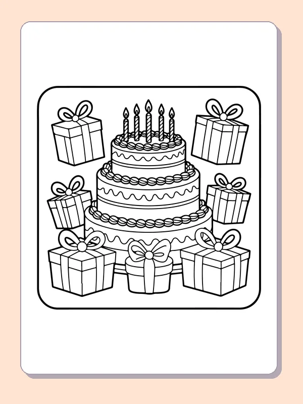 Birthday Cake Surrounded by Presents printable coloring page showing a candlelit tiered cake stands among wrapped gifts in black and white outlines