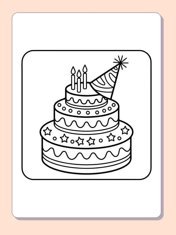 Cake with a Little Party Hat printable coloring page showing a small hat leans beside three candles on a decorated cake in black and white outlines