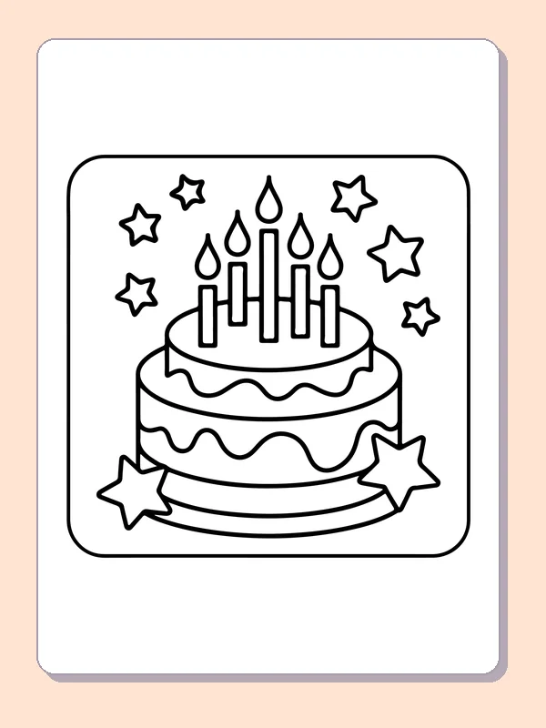 Cake with Candles and Corner Stars printable coloring page showing a cake with candles is framed by large stars in the corners in black and white outlines