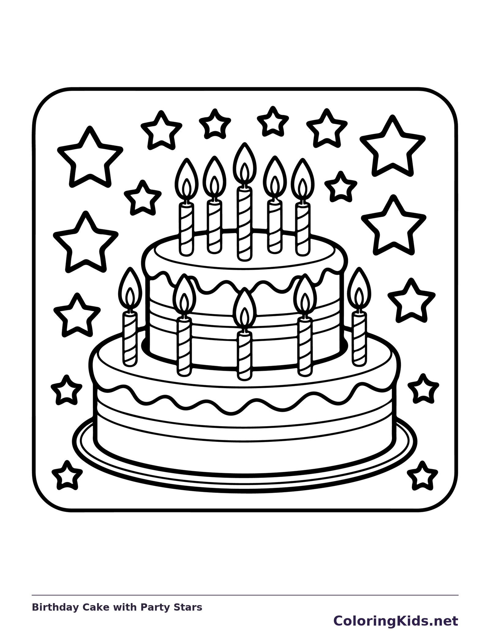 Birthday Cake with Party Stars printable coloring page showing a layered cake with many candles sits among large outlined stars in black and white outlines