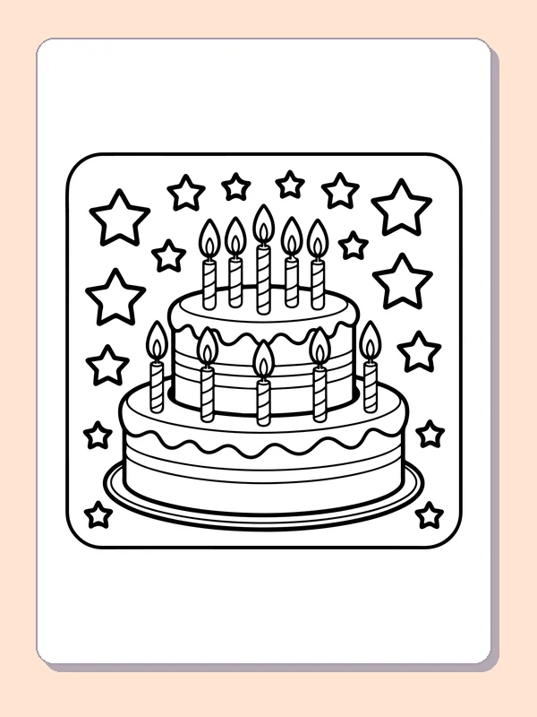 Birthday Cake with Party Stars printable coloring page showing a layered cake with many candles sits among large outlined stars in black and white outlines