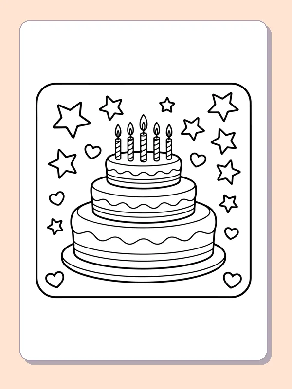 Cake with Stars and Hearts printable coloring page showing a tiered cake sits among outlined stars and hearts, with candles across its top in black and white outlines