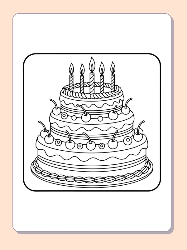 Cherry-Trimmed Birthday Cake printable coloring page showing cherries dot the tiers of a candlelit birthday cake in black and white outlines