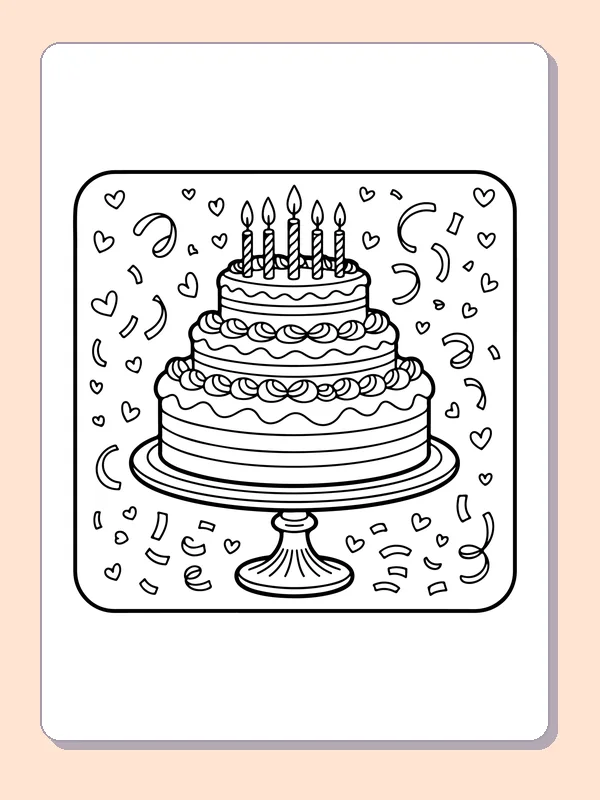 Confetti Cake on a Stand printable coloring page showing a decorated cake rests on a pedestal stand with confetti and hearts around it in black and white outlines