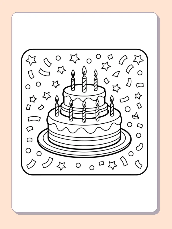 Confetti Around a Layered Cake printable coloring page showing a two-tier cake stands in a ring of stars, square confetti and paper curls in black and white outlines