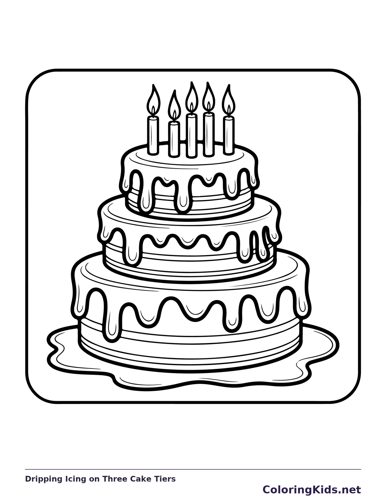 Dripping Icing on Three Cake Tiers printable coloring page showing dripping icing runs down three stacked cake tiers beneath a row of candles in black and white outlines