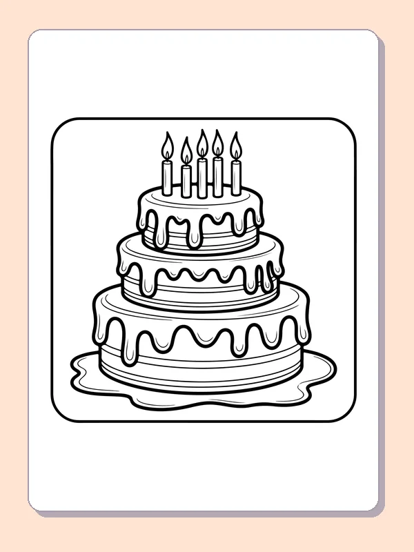 Dripping Icing on Three Cake Tiers printable coloring page showing dripping icing runs down three stacked cake tiers beneath a row of candles in black and white outlines