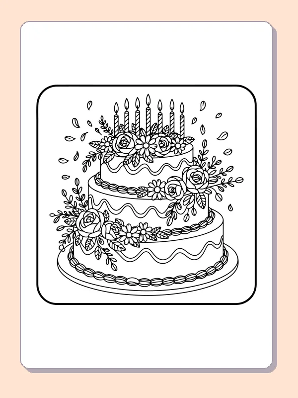 Flower Garland Around a Birthday Cake printable coloring page showing roses, daisies, leaves and vines spill across a tiered cake beneath candles in black and white outlines