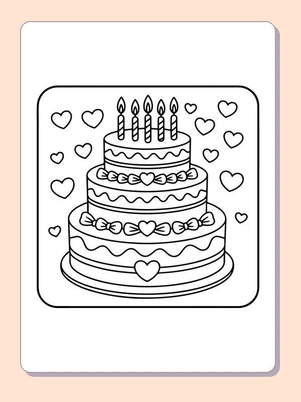 Heart-Trimmed Birthday Cake printable coloring page showing hearts circle a three-tier cake with several candles above in black and white outlines