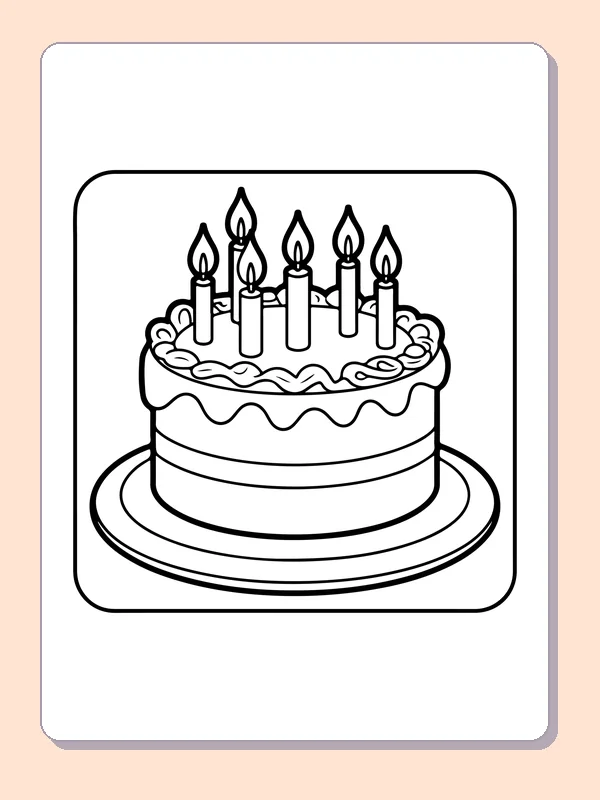Round Cake with Five Tall Candles printable coloring page showing five striped candles rise from a single round cake with piped frosting along its top in black and white outlines