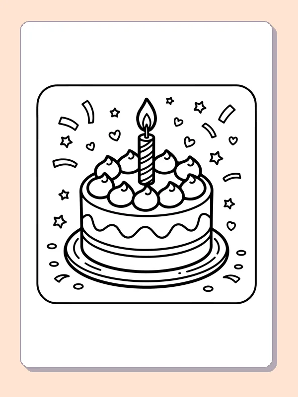 Single-Candle Cake with Confetti printable coloring page showing one tall candle stands at the center of a small cake with frosting swirls in black and white outlines