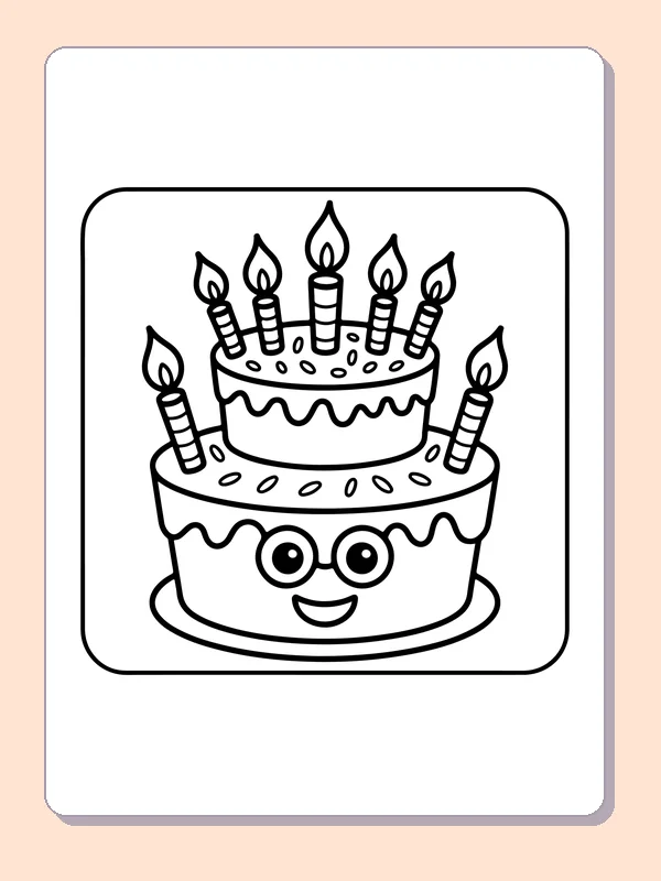 Smiling Cake with Extra Candles printable coloring page showing a cake with a smiling face wears a smaller candlelit cake on top in black and white outlines