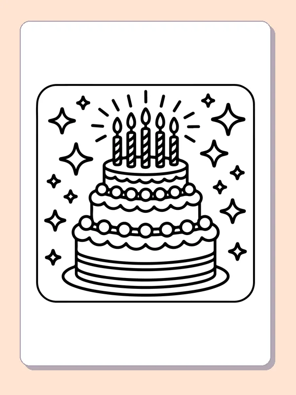 Sparkling Three-Tier Cake printable coloring page showing candles top a three-tier cake ringed by large sparkle shapes in black and white outlines