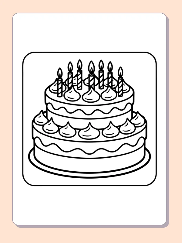 Cake with Swirled Frosting and Candles printable coloring page showing a cake with two wide tiers has rows of frosting swirls and many candle flames in black and white outlines