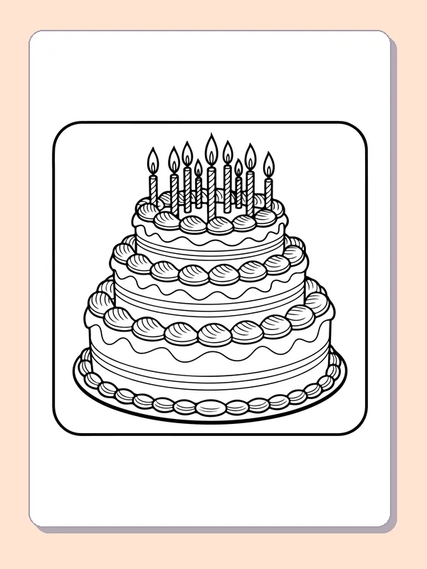 Tall Cake with Rosette Borders printable coloring page showing rows of piped rosettes circle a high three-tier cake beneath candles in black and white outlines