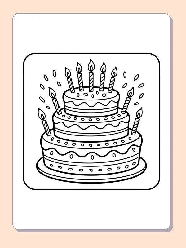 Tall Cake with Side Candles printable coloring page showing a tall layered cake carries candles on top and along both sides in black and white outlines