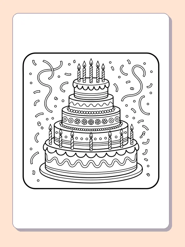 Tall Birthday Cake with Streamers printable coloring page showing a high cake with candles stands amid curling party streamers in black and white outlines