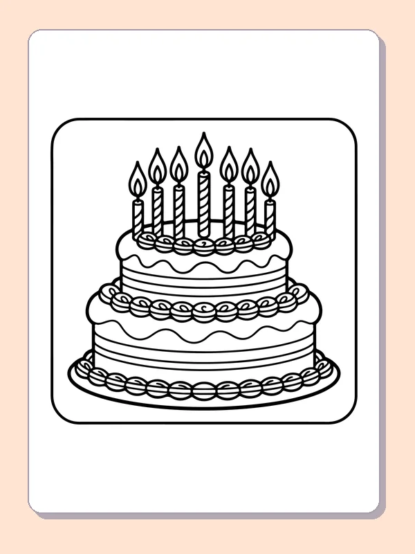 Three-Tier Cake with Piped Icing printable coloring page showing a tall cake has repeating piped loops along each tier and a cluster of candles on top in black and white outlines