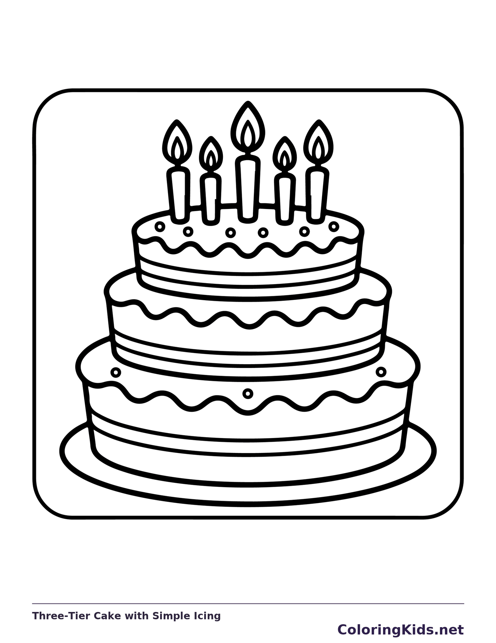 Three-Tier Cake with Simple Icing printable coloring page showing a three-tier cake has five candles, broad wavy icing and little background decoration in black and white outlines