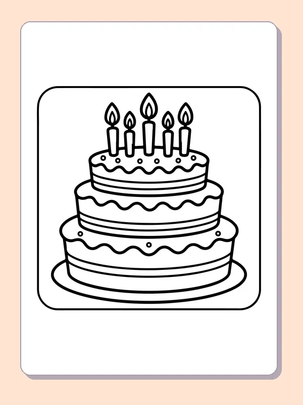 Three-Tier Cake with Simple Icing printable coloring page showing a three-tier cake has five candles, broad wavy icing and little background decoration in black and white outlines