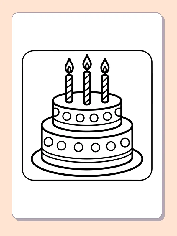 Two-Tier Cake with Three Candles printable coloring page showing three striped candles rise from a plain two-tier cake in black and white outlines