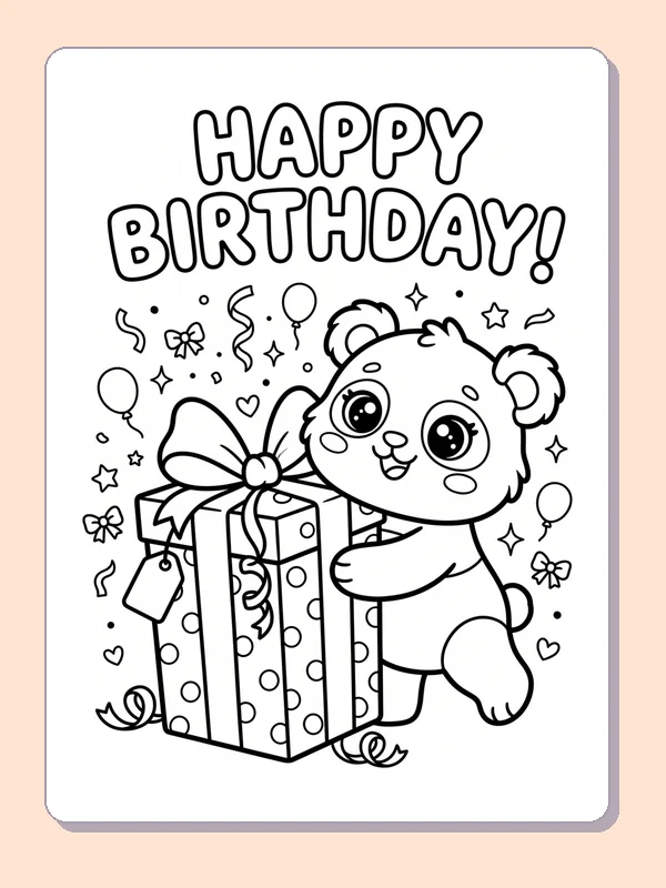 Birthday Bear beside a Tall Present coloring page: black and white line art to print or color online