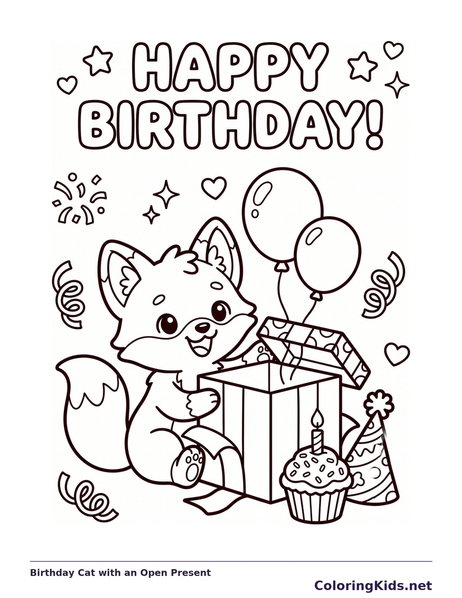 Birthday Cat with an Open Present coloring page: black and white line art to print or color online