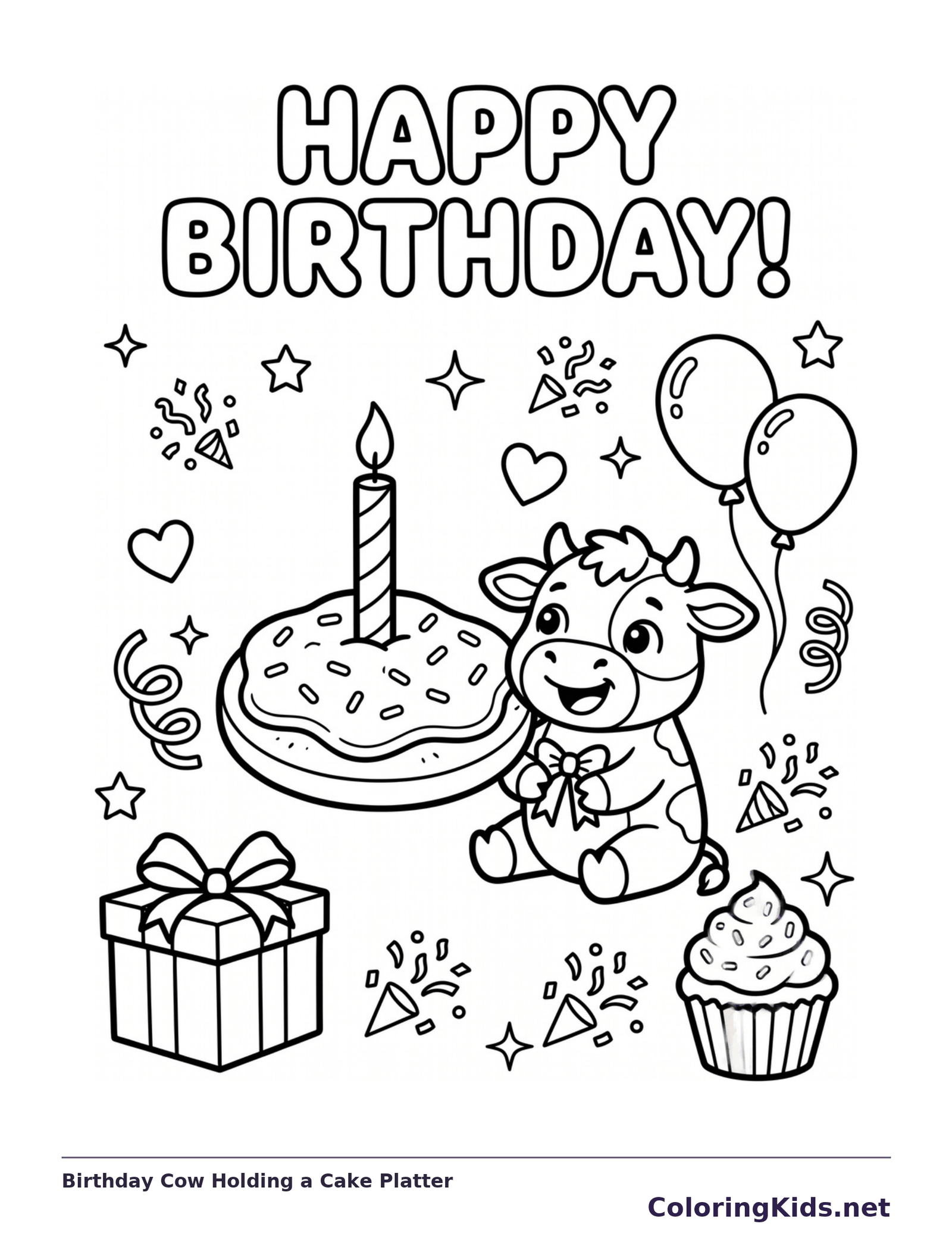 Birthday Cow Holding a Cake Platter coloring page: black and white line art to print or color online