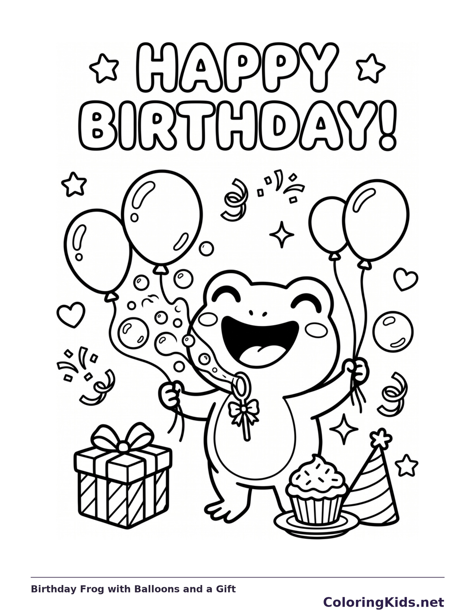 Birthday Frog with Balloons and a Gift coloring page: black and white line art to print or color online