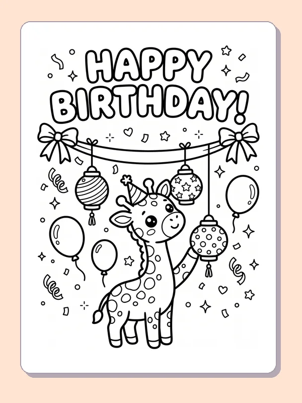Birthday Giraffe beneath Party Lanterns coloring page: black and white line art to print or color online