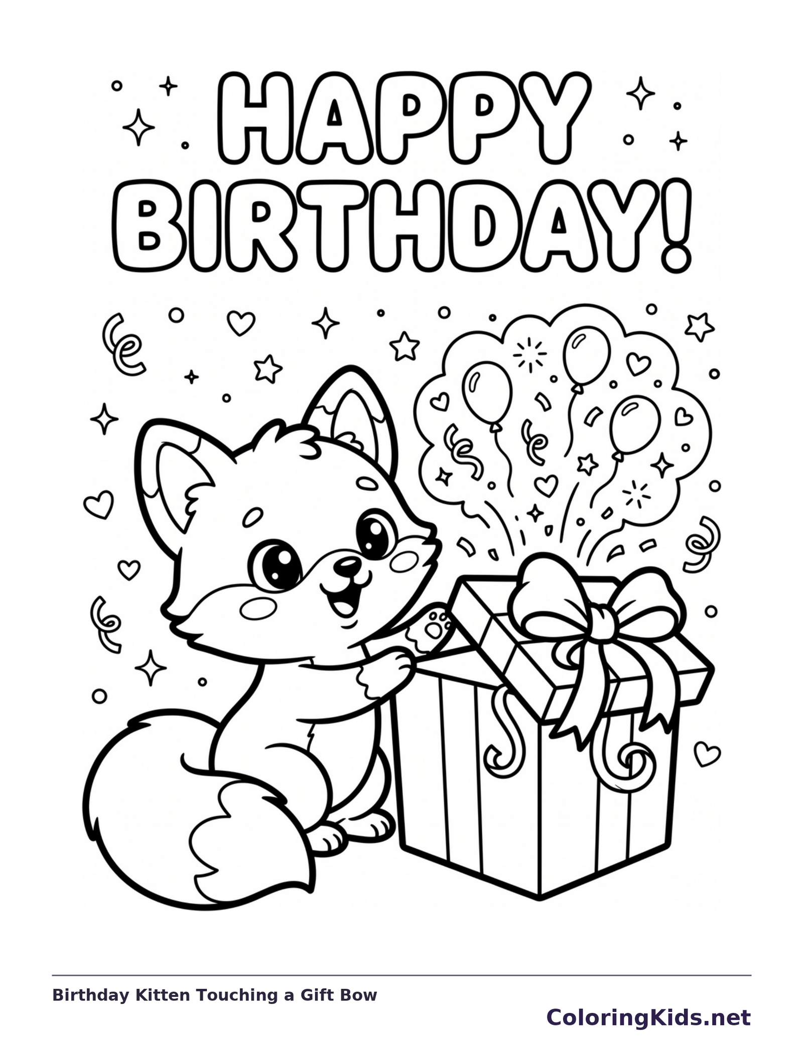 Birthday Kitten Touching a Gift Bow coloring page | ColoringKids.net