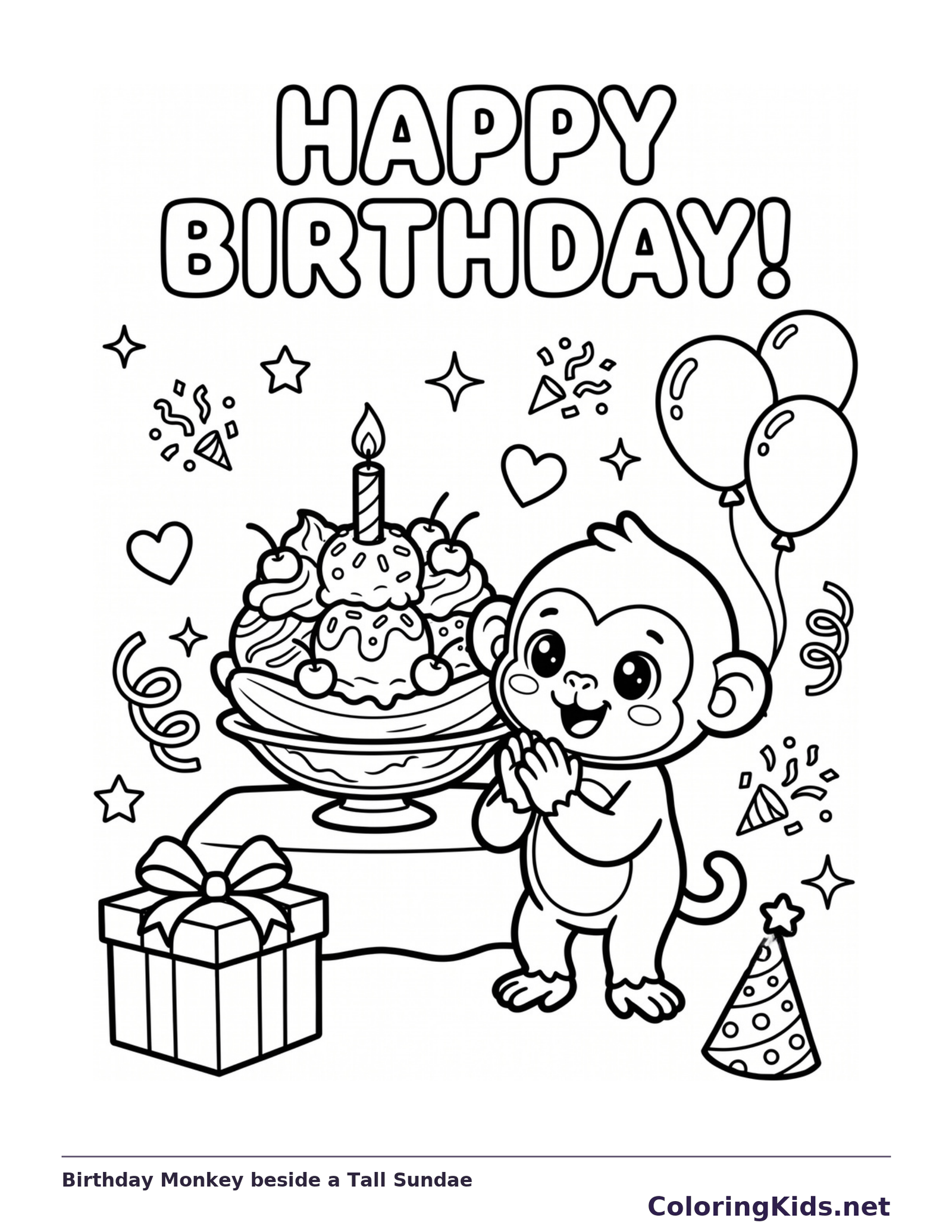 Birthday Monkey beside a Tall Sundae coloring page: black and white line art to print or color online