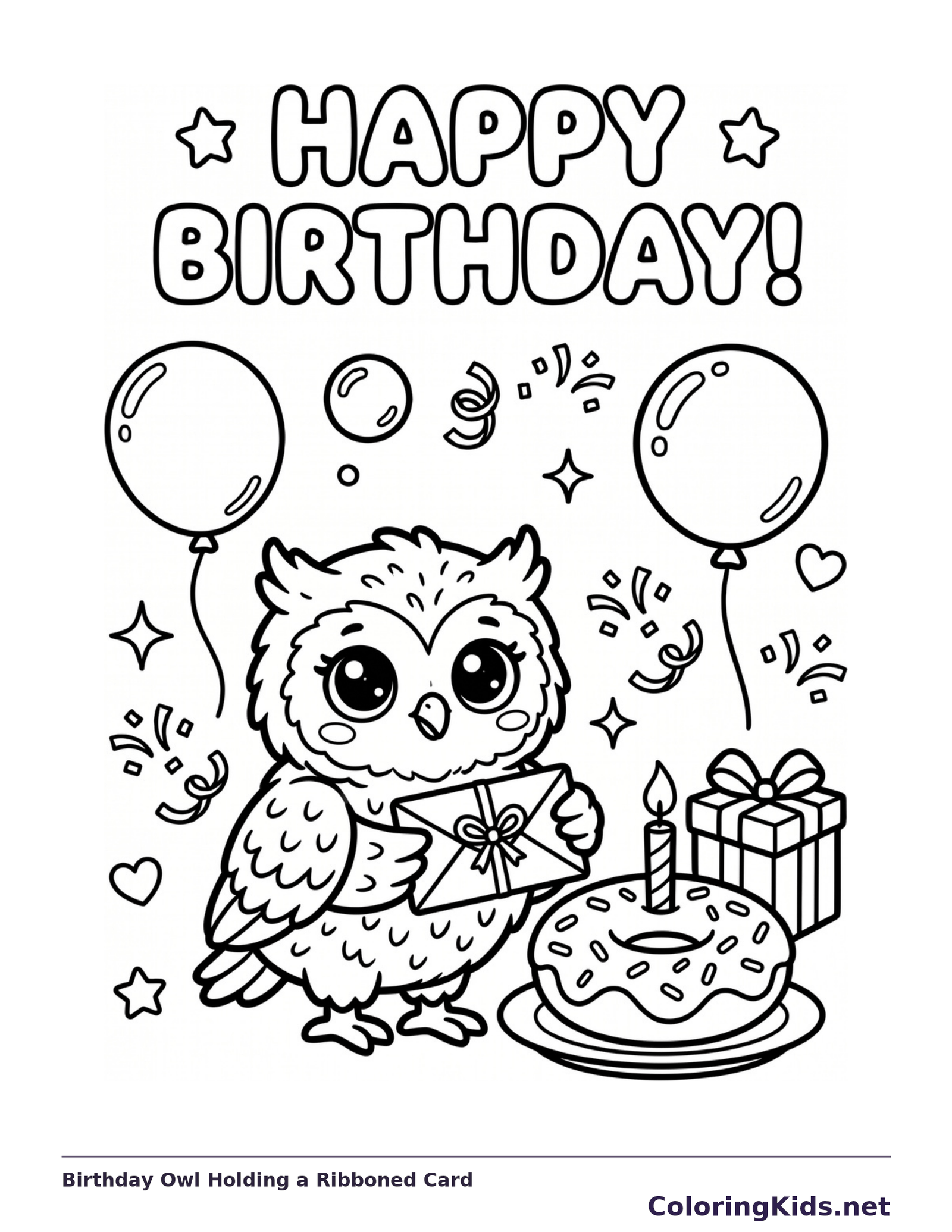 Birthday Owl Holding a Ribboned Card coloring page: black and white line art to print or color online