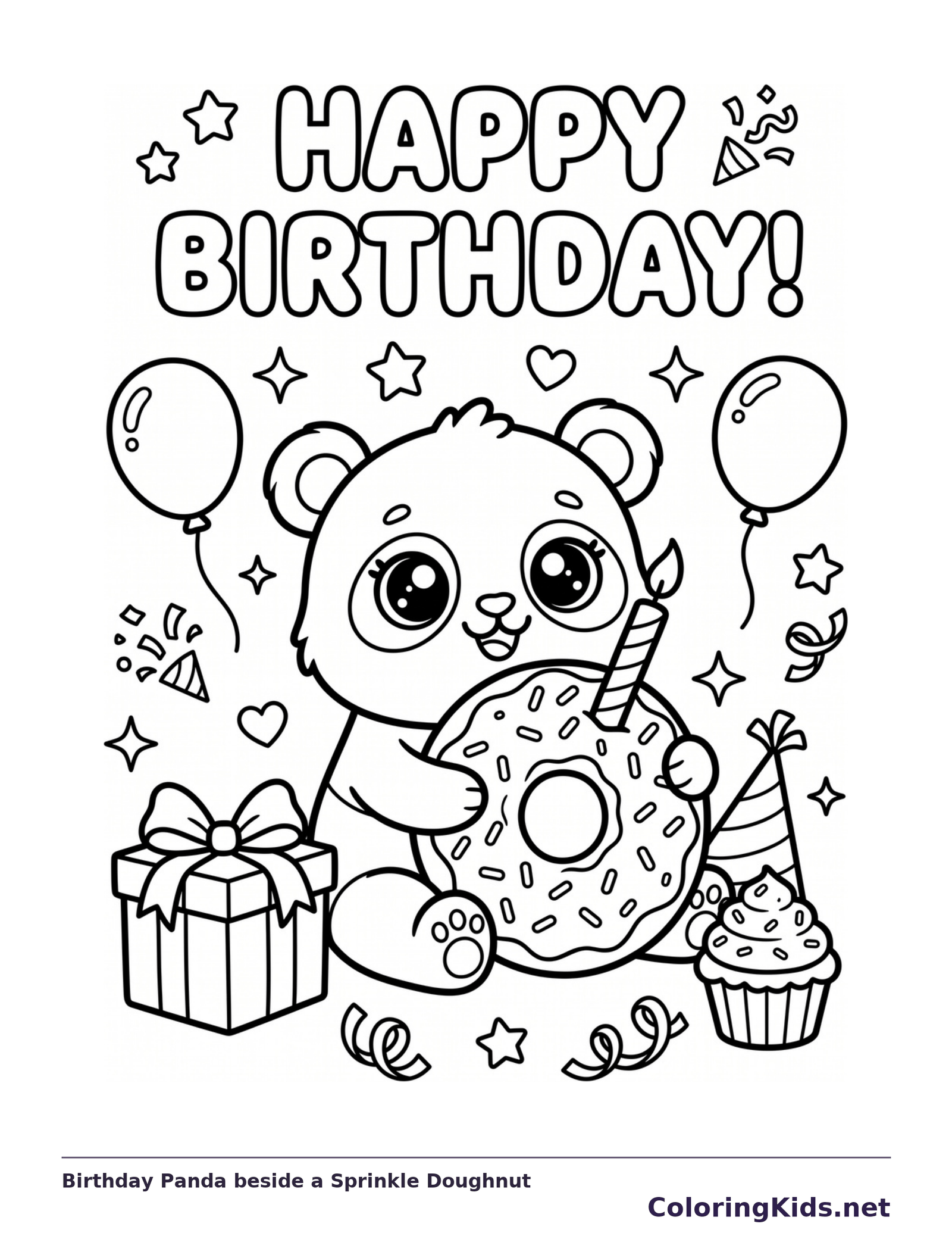 Birthday Panda beside a Sprinkle Doughnut coloring page: black and white line art to print or color online