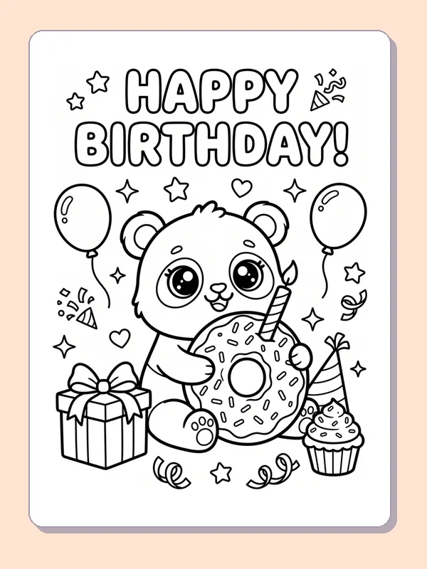 Birthday Panda beside a Sprinkle Doughnut coloring page: black and white line art to print or color online