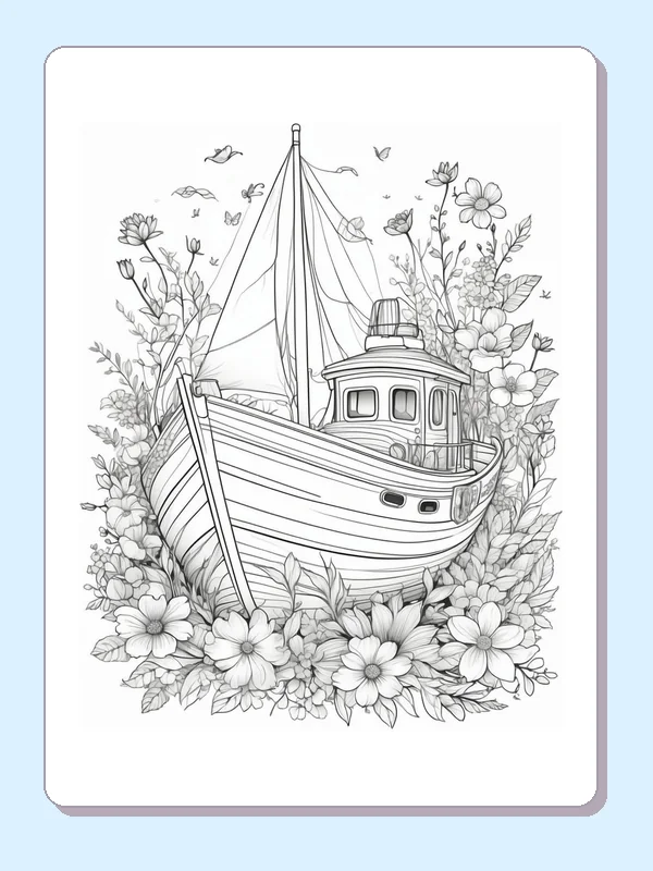 Boat in a Dense Wildflower Cove coloring page: black and white line art to print or color online