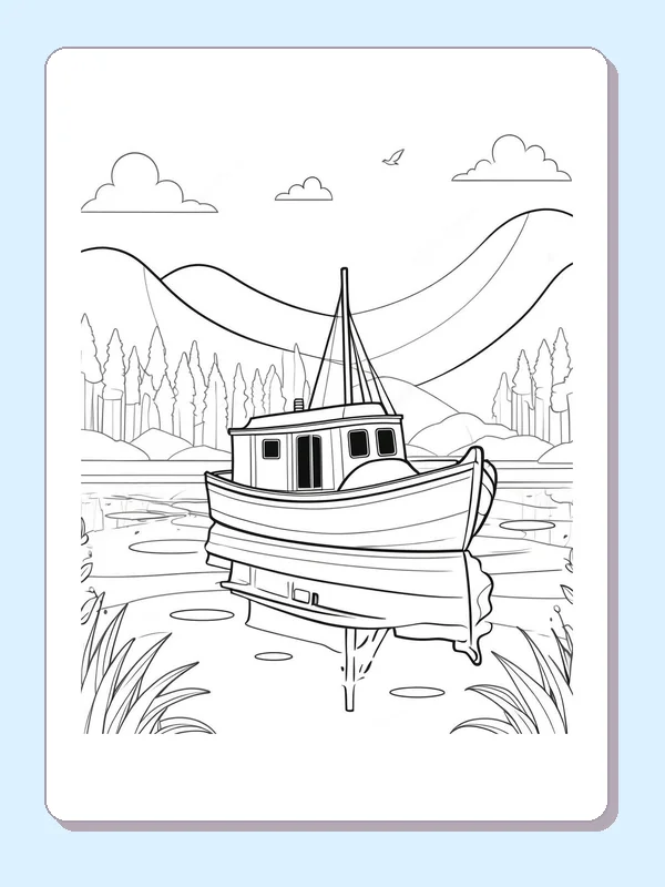 Cabin Boat with a Lake Reflection coloring page: black and white line art to print or color online