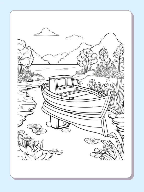 Cabin Boat among Marsh Plants coloring page: black and white line art to print or color online