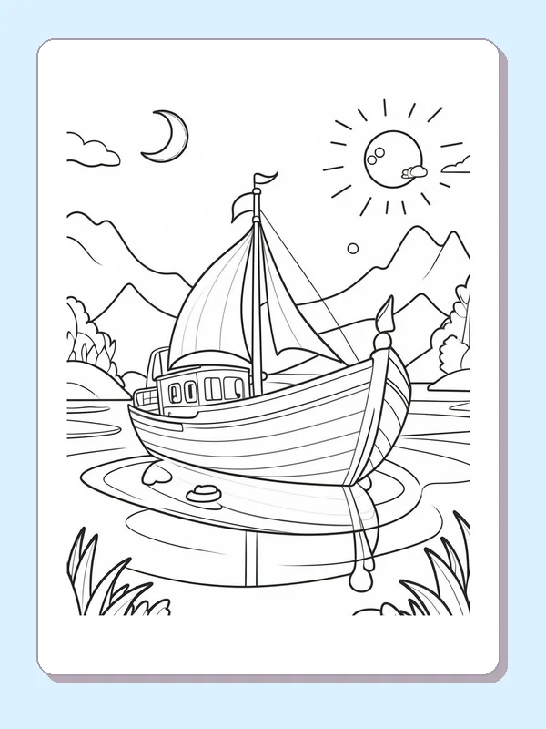 Cabin Sailboat and Its Reflection coloring page: black and white line art to print or color online