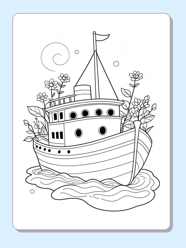River Boat with Floral Branches coloring page: black and white line art to print or color online
