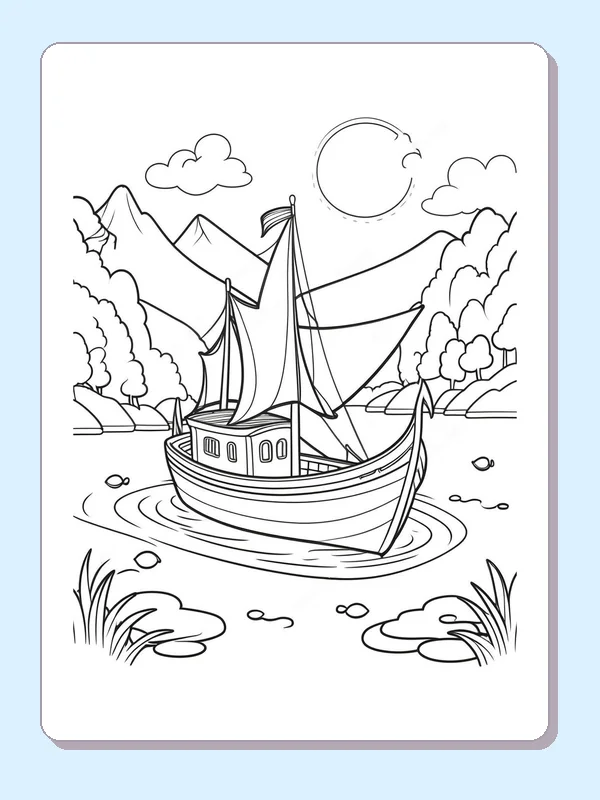 Moonlit Sailboat beside an Oar coloring page: black and white line art to print or color online