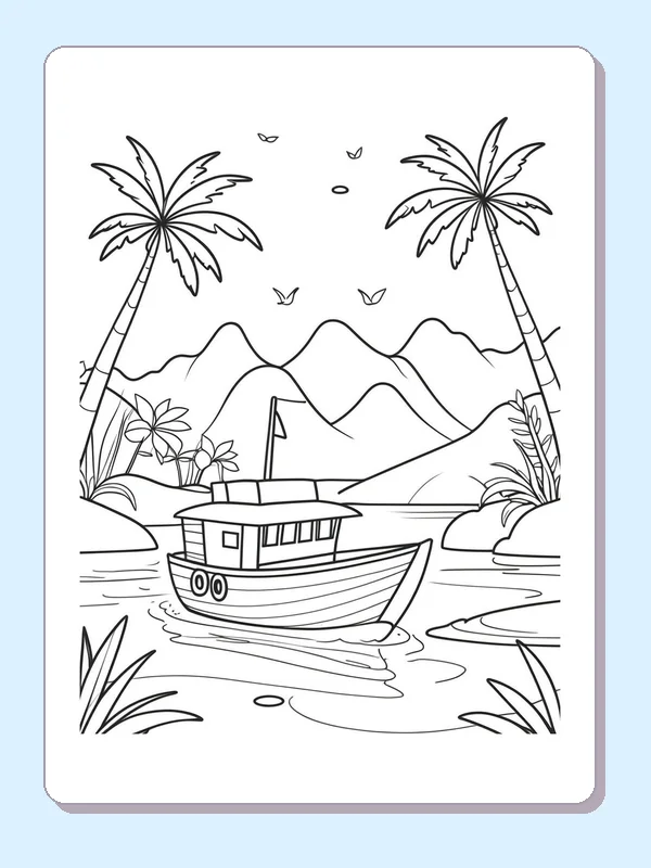 Palm Shore and Cabin Boat coloring page: black and white line art to print or color online