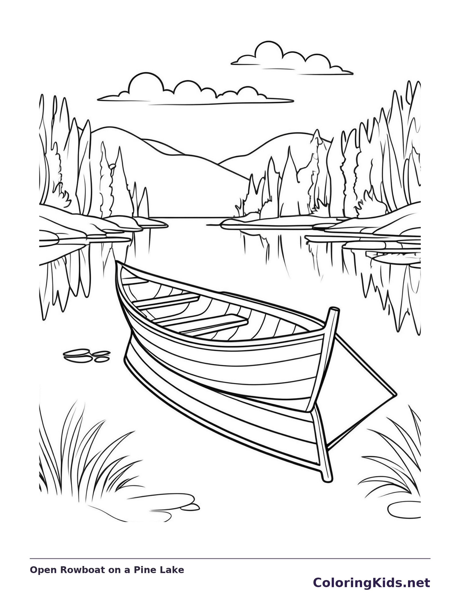 Open Rowboat on a Pine Lake coloring page: black and white line art to print or color online