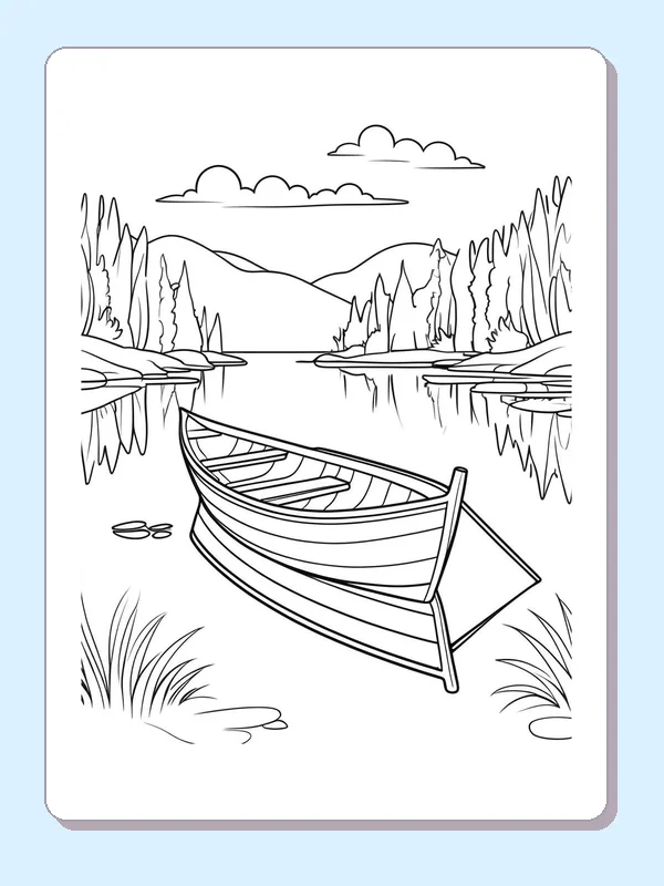Open Rowboat on a Pine Lake coloring page: black and white line art to print or color online
