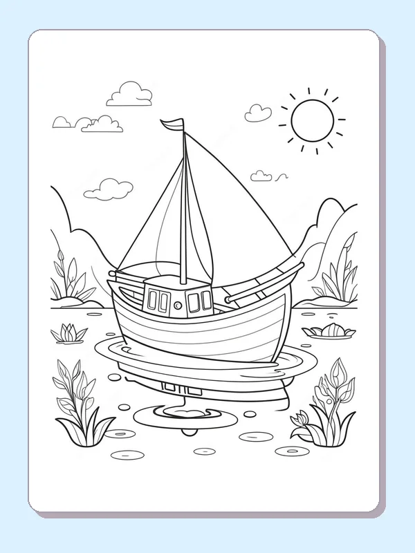 Sailboat in a Plant-Lined Cove coloring page: black and white line art to print or color online