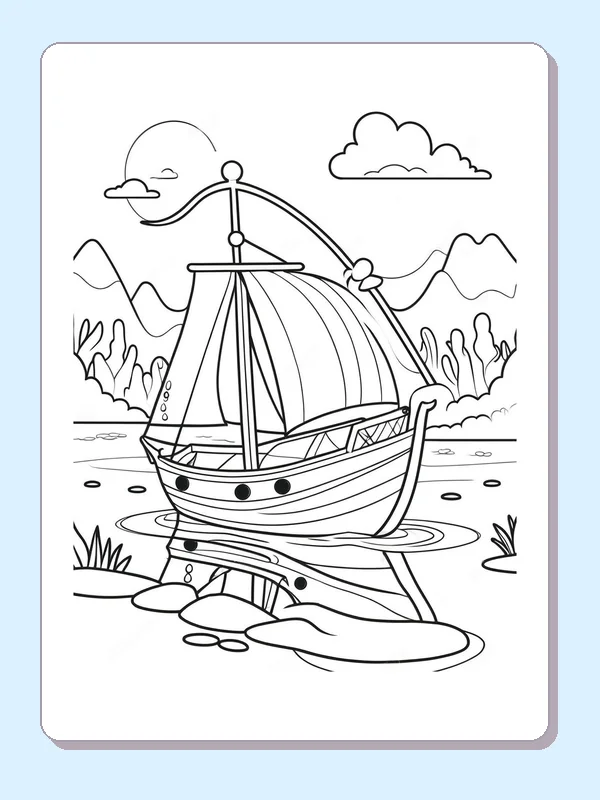 Sailboat beside Shore Rocks coloring page: black and white line art to print or color online