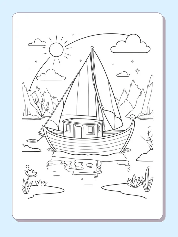 Sails beneath a Bright Sun coloring page: black and white line art to print or color online