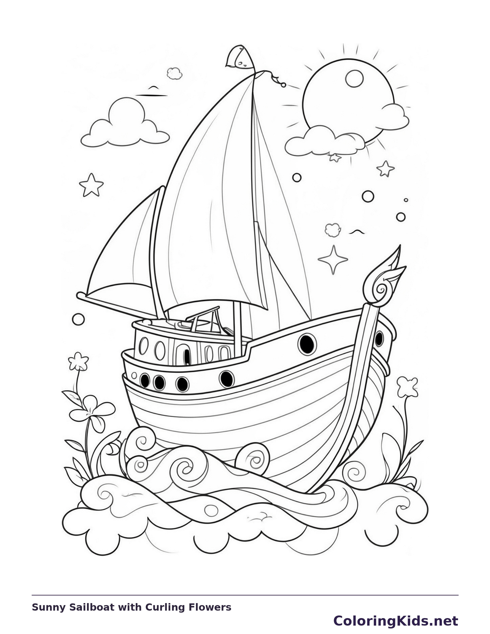 Sunny Sailboat with Curling Flowers coloring page: black and white line art to print or color online
