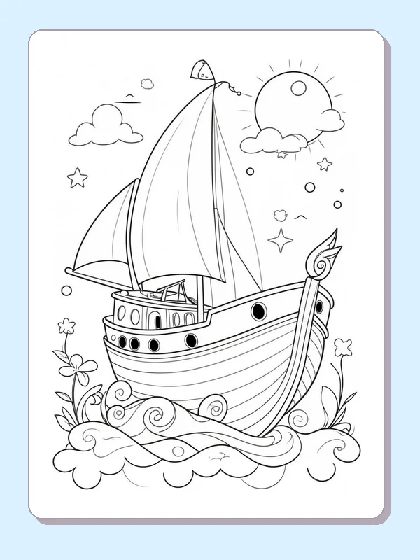 Sunny Sailboat with Curling Flowers coloring page: black and white line art to print or color online
